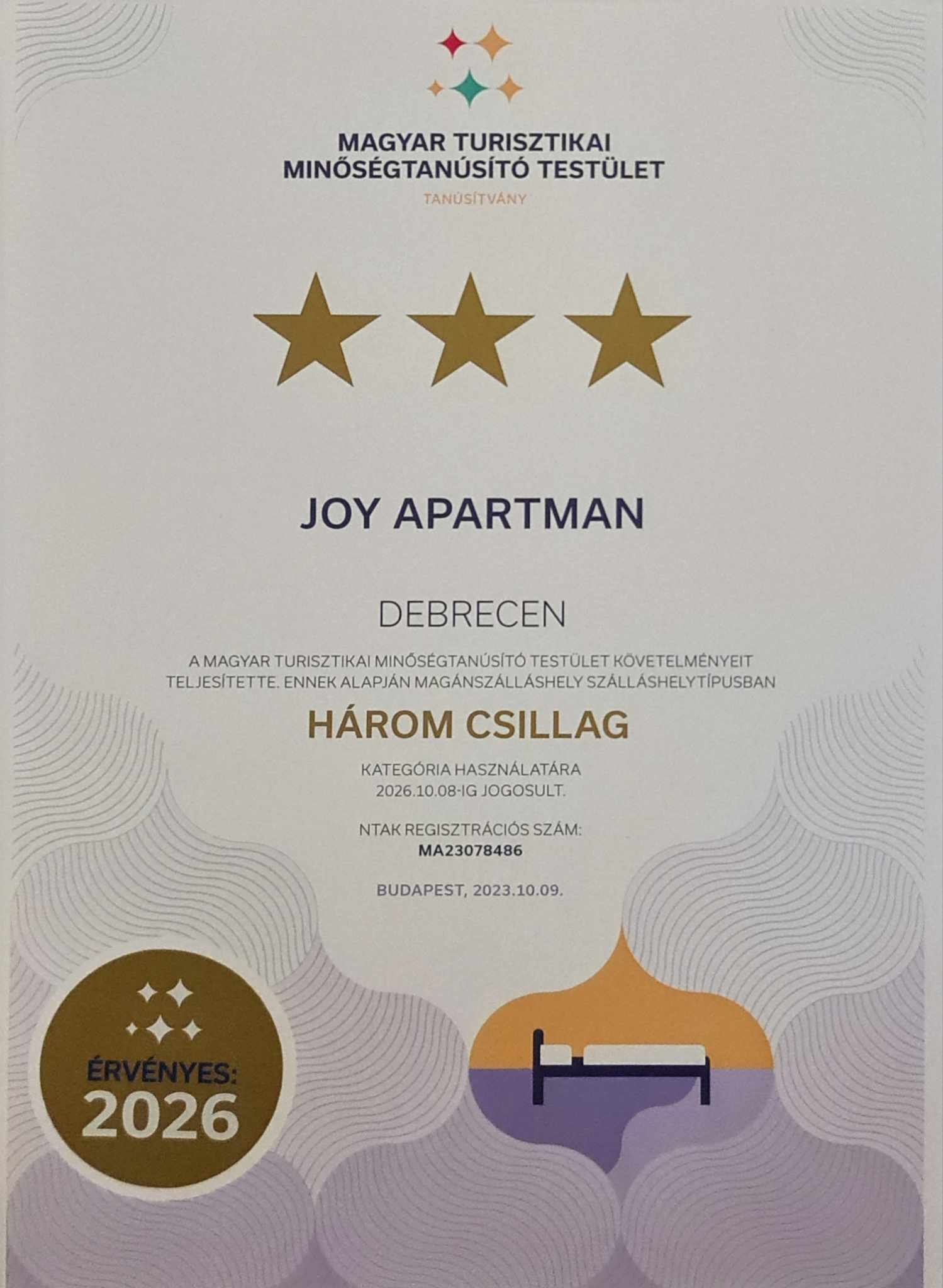 Joy Apartman tanúsítvány